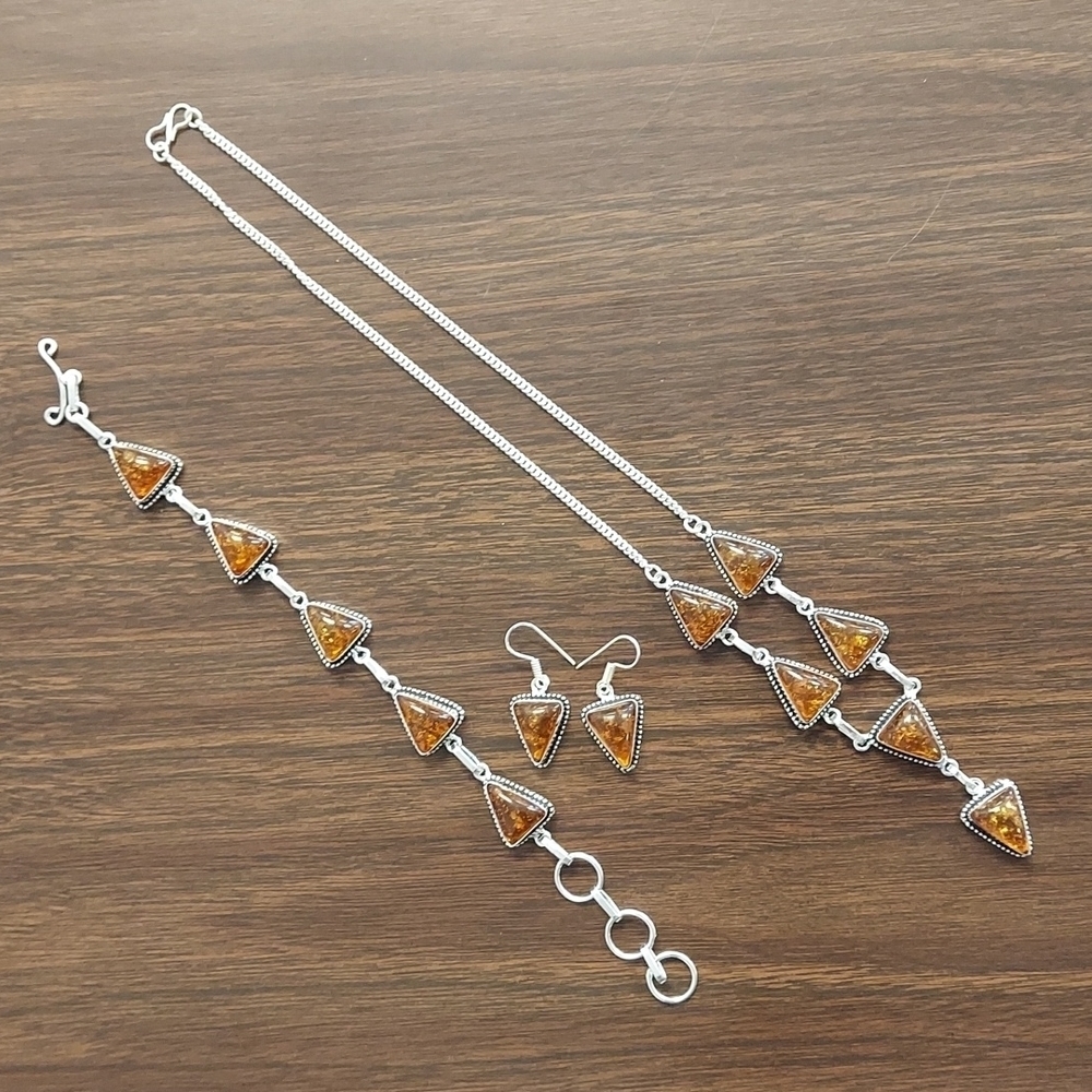 BALTIC Amber Stamped Sterling Silver Necklace Set